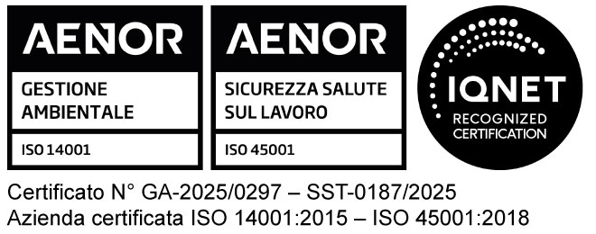 Certificazioni AENOR ISO 14001 Gestione Ambientale, AENOR ISO 45001 Sicurezza Salute sul Lavoro e IQNET Recognized Certification
