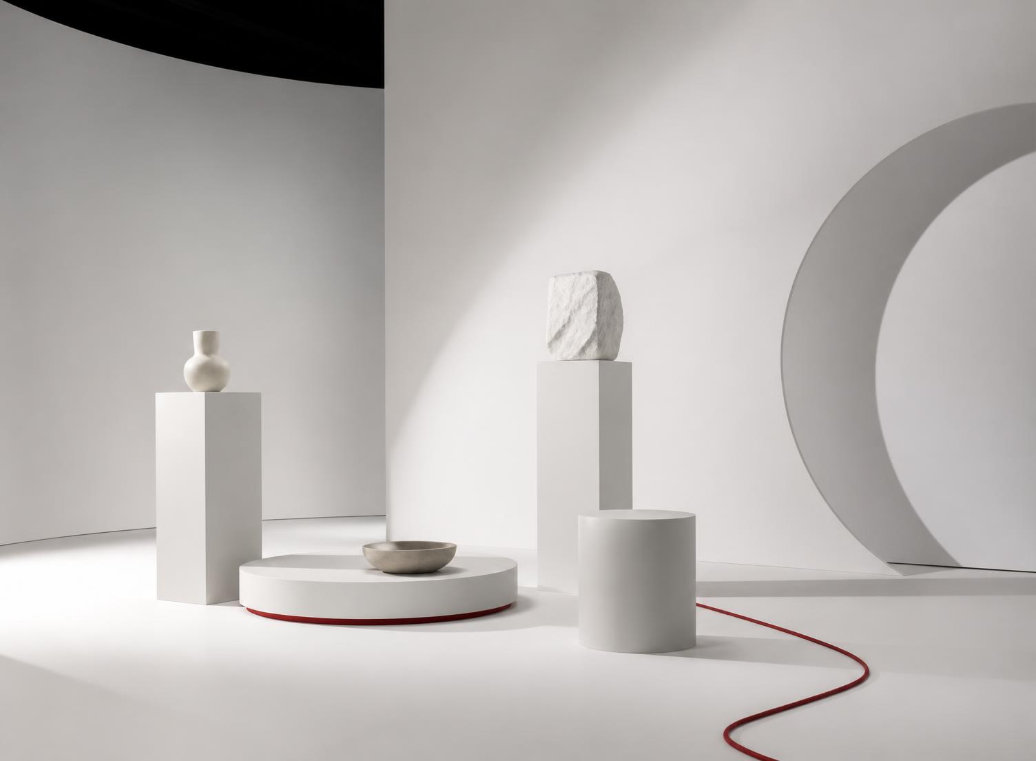 Set fotografico bianco con plinti geometrici, luce morbida e un sottile dettaglio rosso